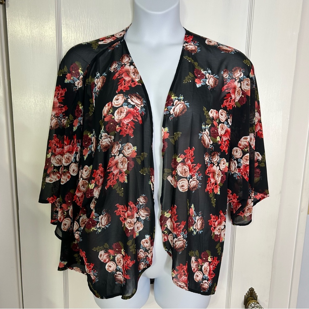 Open Front short floral Black, pink rose Kimono Swimsuit Coverup Robe women’s XL